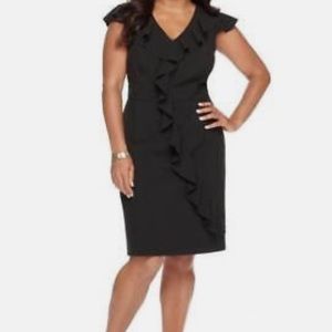 NWT Spense Woman Sheath Black Dress. V-neck. Cap sleeves. Ruffled front. 18W.